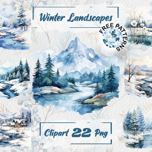 Winter Landscapes Clipart, Watercolor Winter Wonderscapes, Transparent Mountain and River PNG, Free Commercial Use, Card Making 533