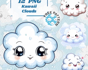 Cute Kawaii Clouds Clipart, Cute Clouds PNG Digital Download, Clouds Illustration Cute Clouds Printable, Clouds PNG, Nursery Images 1183