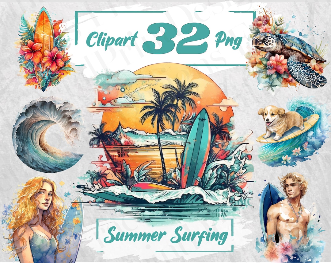 Summer Surfing PNG Bundle Watercolor Summer Clipart Ocean Clipart ...