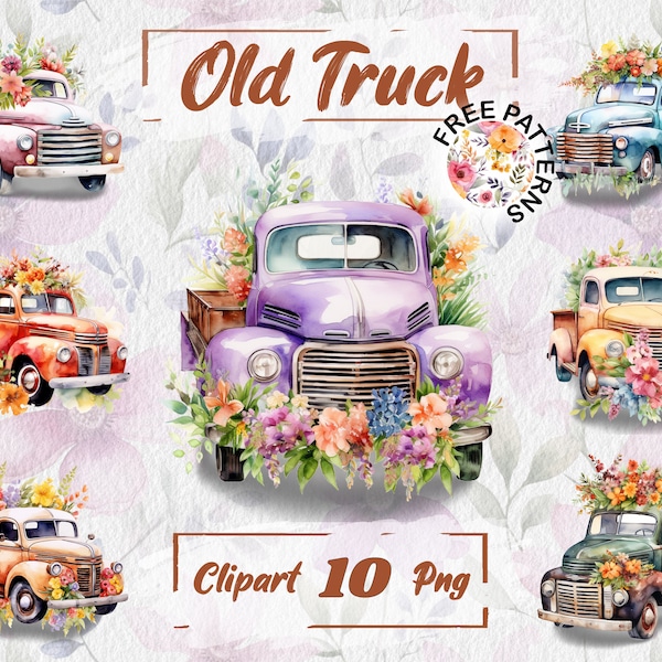 Watercolor Old Truck Truck PNG Rustic Clipart Shabby Clipart Floral Truck PNG Free Commercial Use, Scrapbooking, Junk journal Clipart 349