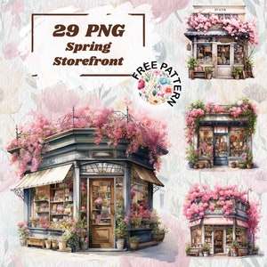 Watercolor Floral Storefronts Clipart, florist and boutique PNG, Shop PNG, Spring Cafe, Commercial Use Junk Journal Card Making 916