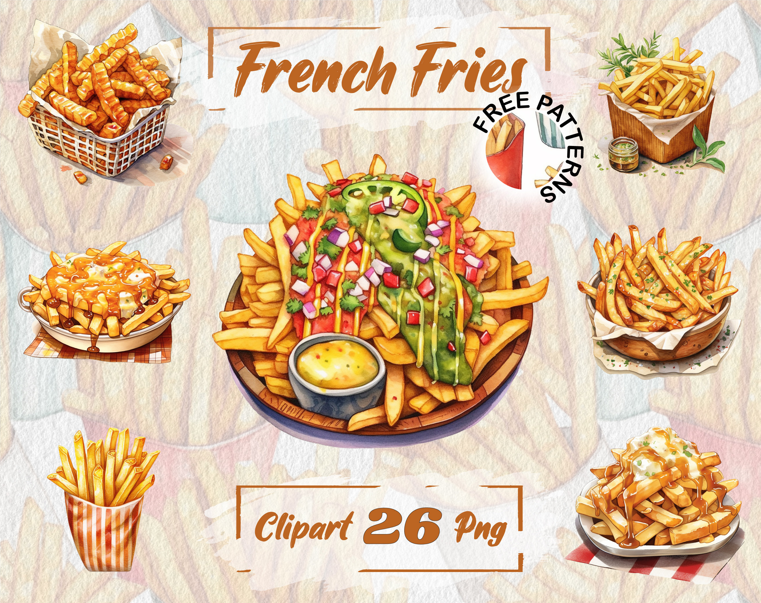 Watercolor French Fries French Fries Clipart Potato PNG Bundle Fast Food Clipart Free Commercial Use Scrapbooking Junk Journal Clipart 192