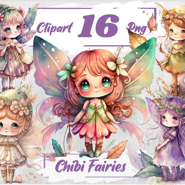 Chibi Fairy Bundle Watercolor Fairy Girls Cute Fairy Illustrations Kawaii Fairy PNG Watercolor Cute Fairy Free Commercial Use 39.1