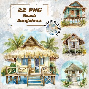 Clipart capanna sulla spiaggia ad acquerello, vacanze estive, clipart casa al mare, Clipart Bungalow, grafica stampabile, Paper Crafts Scrapbooking 1236
