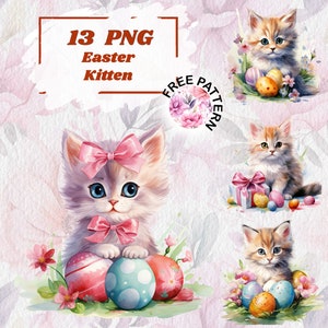 Clipart chaton de Pâques PNG aquarelle chaton clipart, fleur de printemps et chat png, clipart fleur, clipart Pâques, téléchargement immédiat 1047