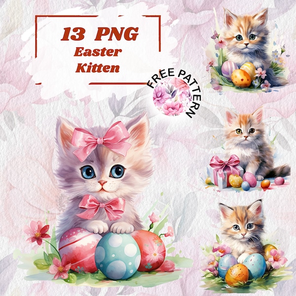 Easter Kitten clipart PNG Watercolor Kitten Clipart, Spring Flower and Cat png, Flower Clipart, Easter Clipart, Instant Download 1047
