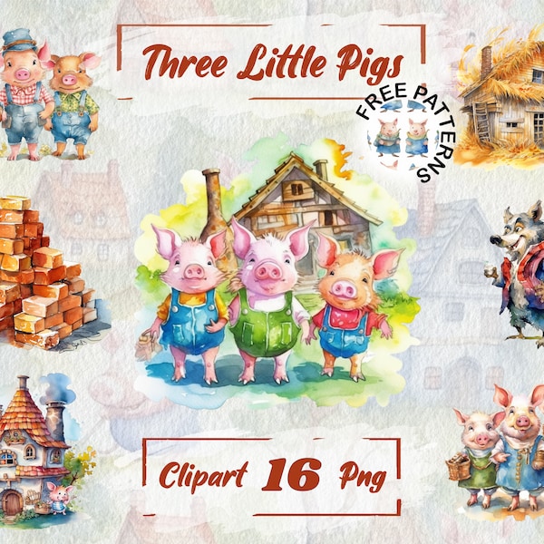 Trois petits cochons Clipart, conte de fées aquarelle, Clipart de conte de fées, aquarelle cochons Png animaux mignons bébé douche Clip Art pépinière PNG 229