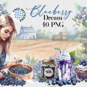 Watercolor Blueberries Clipart Summer PNG Bundle Berries PNG Blueberry Cake Watercolor Summer Dessert Clipart, Free Commercial Use 97