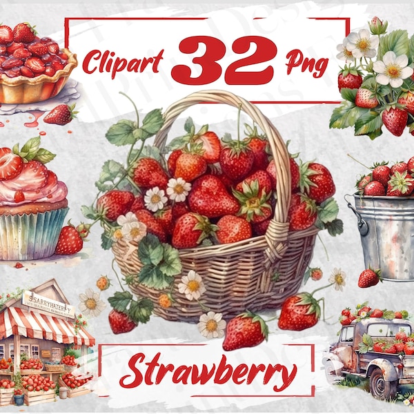 Watercolor Strawberries Clipart Summer Strawberry PNG Strawberry Cupcake Bundle Free Commercial Use Strawberry clipart Strawberry Cake 94