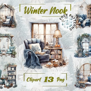Gezellige Winter Nook Clipart, aquarel leeshoek, gezellige winterafbeeldingen, transparante winterafbeeldingen, gratis commercieel gebruik, kaart maken 599