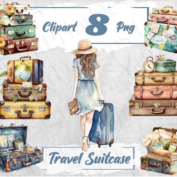 Travel Suitcase PNG Clipart Watercolor Suitcase Set Traveling Bundle Commercial Use Travel Clipart Traveling PNG Instant Download 64