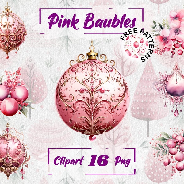 Pink Christmas Ornaments Clipart Watercolor Christmas Ornament PNG Christmas Clipart Christmas Decoration Clipart Christmas Junk Journal 669