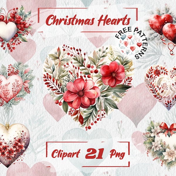 Christmas Hearts Clipart, Watercolor Christmas Hearts, Transparent Christmas Images, Christmas Decor, Merry Xmas, Free Commercial Use 609