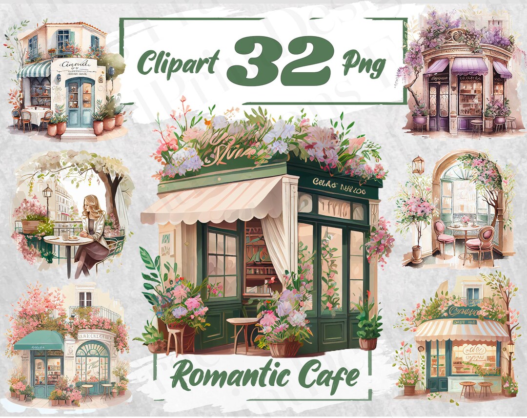 Romantic Café Watercolor Clipart Cozy Café Bundle PNG Café Interior ...