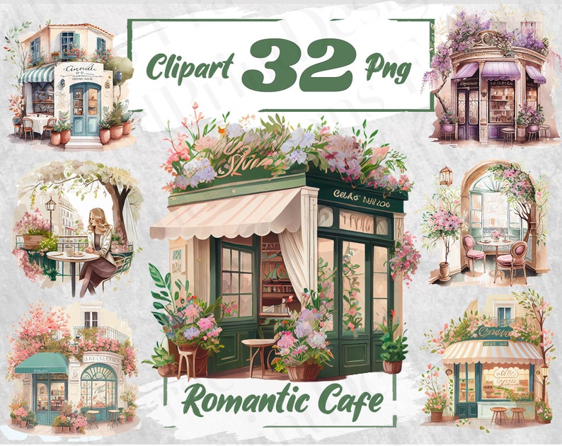 Romantic Café Watercolor Clipart Cozy Café Bundle PNG Café Interior ...