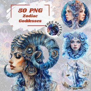 Paquete de imágenes prediseñadas de signos del zodíaco Imágenes PNG del zodíaco para uso comercial Astrología PNG, Diosa del zodíaco, Álbum de recortes, Artesanías de papel, Regalo de astrología 1075