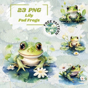 Clipart di rana e ninfea dell'acquerello, clip art di piante da stagno per disegni di sublimazione, creazione di cartoline PNG di adesivi Clipart PNG trasparenti 885
