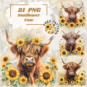Aquarelle tournesol vaches Highland Clipart, clipart PNG tournesols, bébé animal, bébé vache Clipart Bundle, Art de la chambre d'enfant, usage Commercial 1067