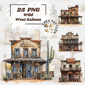 Watercolor Western Clipart - Wild West Saloon Clipart, Ranch Cowboy Bundle PNG Format Commercial Use, Western Graphics 1113