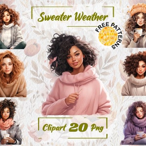 Watercolor Cozy Fall Clipart Sweater Clipart Autumn Girl PNG Fall Woman Clipart Cute Fall PNG Free Commercial Use Scrapbook journal 400