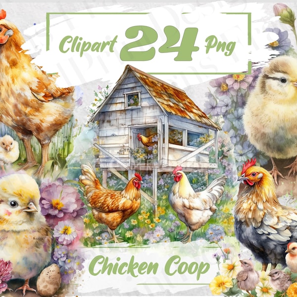 Watercolor Chicken Coop PNG Bundle Chicken Clipart Hen And Egg Clipart Hens And Chickens Bundle Farm Animals Clipart Bundle Cottage 53