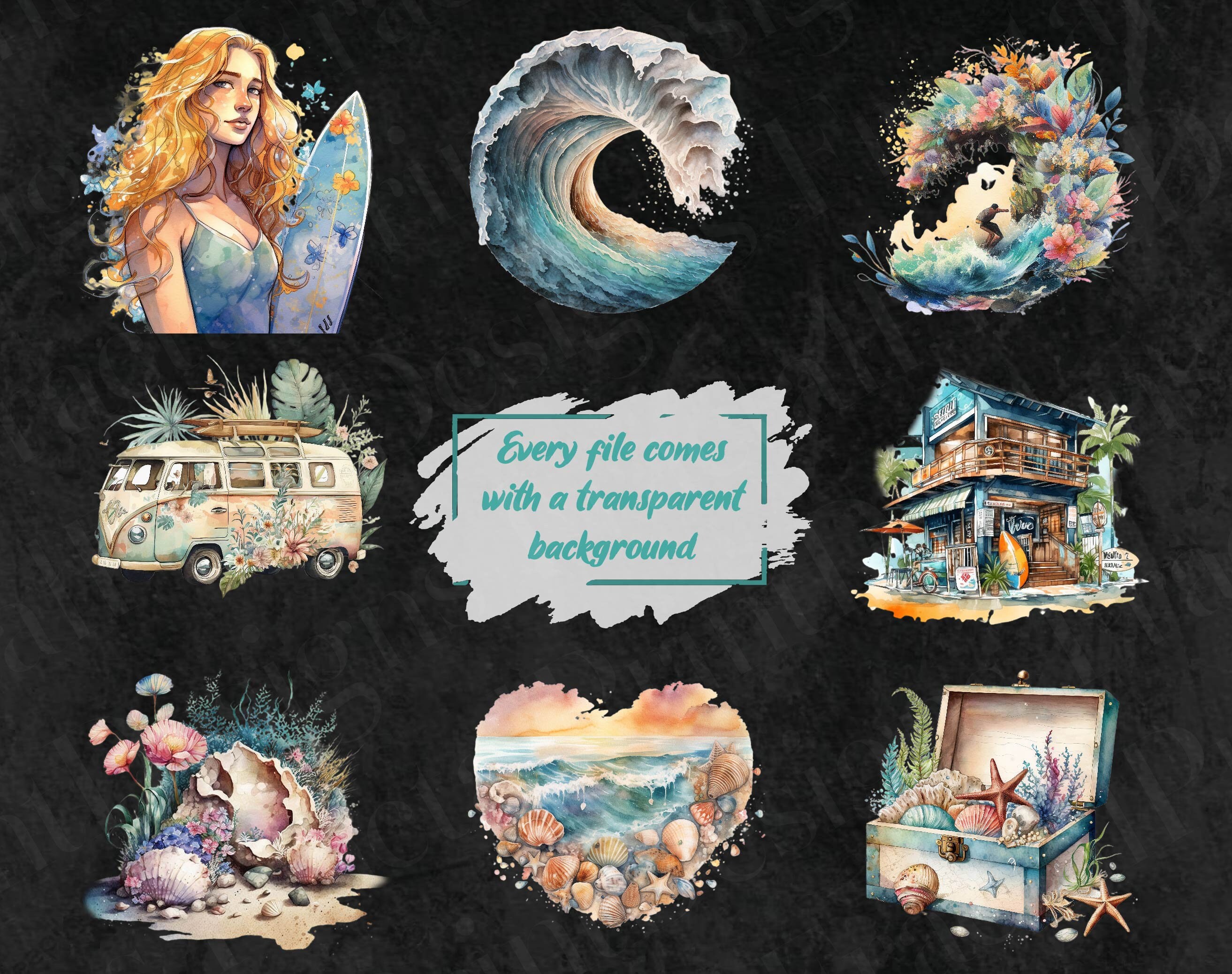 Summer Surfing PNG Bundle Watercolor Summer Clipart Ocean Clipart ...