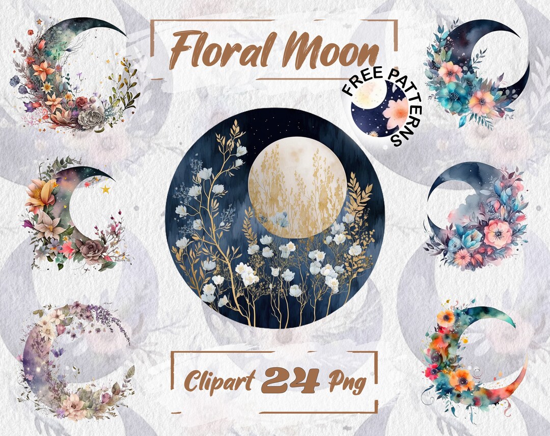 Watercolor Floral Moon Moon PNG Clipart Floral Clipart Moon Crescent ...