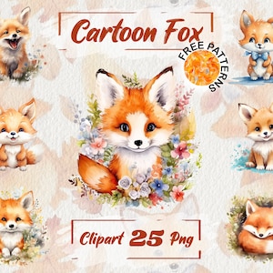 Watercolor Cute Fox, Baby Fox Clipart, Baby Fox Png, Woodland Animals, Cartoon Fox Baby Shower Clip Art Nursery Graphics Free Commercial 212