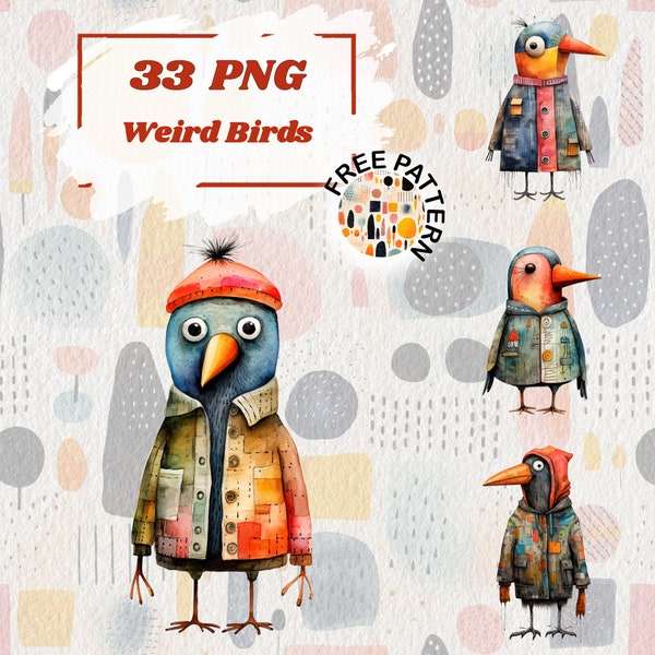 Sonderbares Vogel Clipart Bundle, niedliche und lustige Vogelillustrationen, wunderliche Vögel PNG, transparente Bilder, kommerzielle Nutzung, Papiermodell 1027