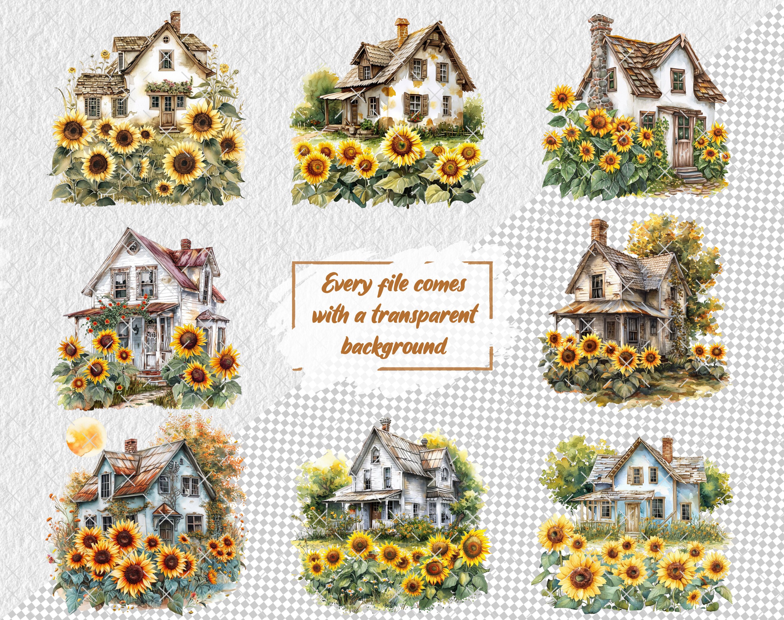 Sunflower Cottage Clipart, Sunflowers PNG, Cardmaking Scrapbooking ...