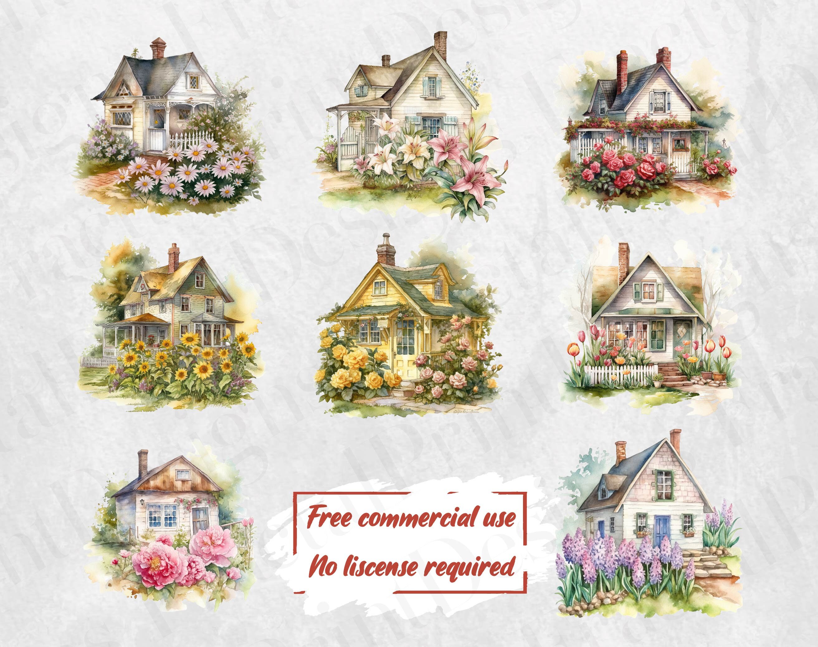 Floral Cottage Watercolor Clipart Cottagecore Clipart Floral - Etsy