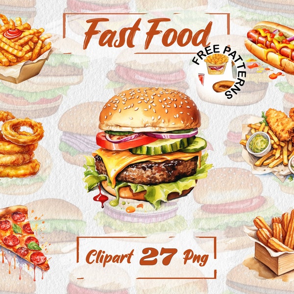 Watercolor Fast Food French Fries Clipart Hamburger PNG Bundle Fast Food Clipart Free Commercial Use Scrapbooking, Junk Journal 193