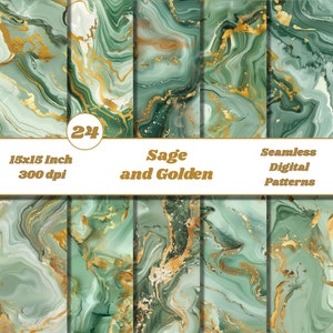Può includere: 24 motivi digitali senza cuciture con vortici di marmo verde salvia e oro. Ogni motivo misura 15x15 pollici e 300 dpi.