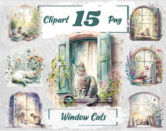 Kat in venster aquarel clipart aquarel venster bundel kat venster PNG schattige kat bundel PNG Fantasy venster Instant Download, zomer 75