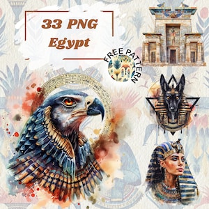 Watercolor Fantasy Ancient Egypt Clipart, Ancient Egypt mythology png clip art bundle, Egyptian Gods and Goddesses, History Ephemera 1101