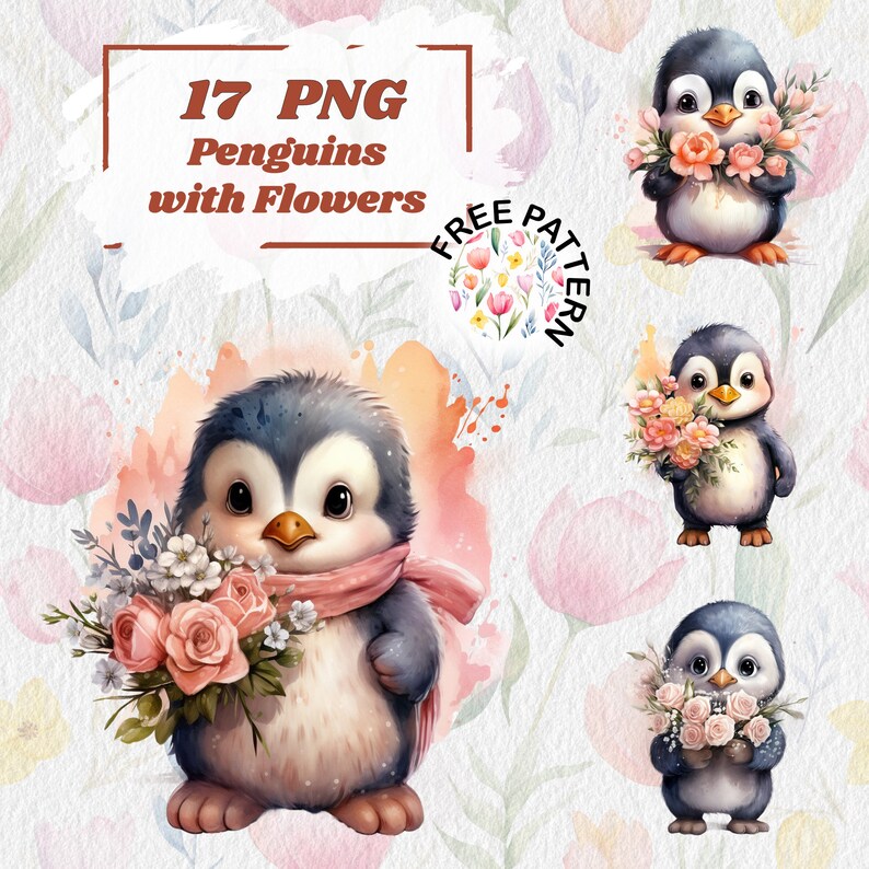 Spring Flower Penguin Cute Penguin Clipart, Penguin With Flowers, Arctic Animals Penguin PNG ...