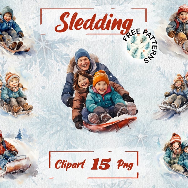 Sledding Clipart, Watercolor Sledding PNG, Transparent Winter Clip art, Watercolor Family Winter, Free Commercial Use, Scrapbooking 529