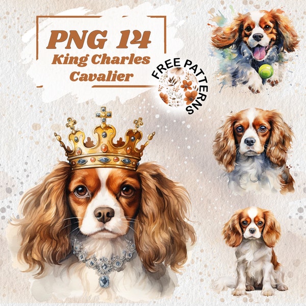 Bundle de cliparts Cavalier King Charles Spaniel, fichiers PNG aquarelle, clipart chien mignon, agenda numérique, journal indésirable, usage Commercial gratuit 718