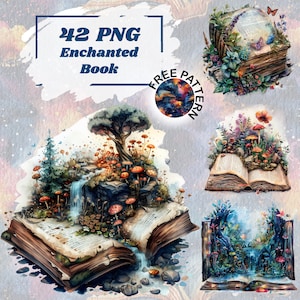 Aquarel open boek clipart bundel, fantasy boeken clip art boek bundel magische boeken sprookjeskasteel draak betoverde bos bloemen 1261