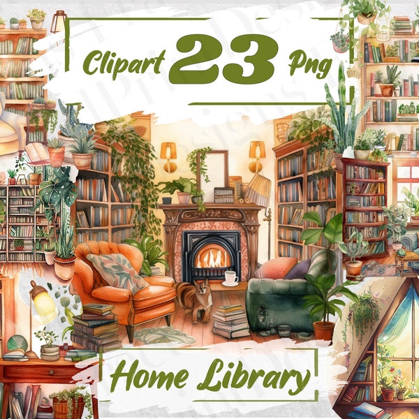 Watercolour Cozy Home Library Clipart Bundle Bookworm Aesthetic Reading Clipart Bookshelf Aesthetic PNG Library Interior Bundle 499