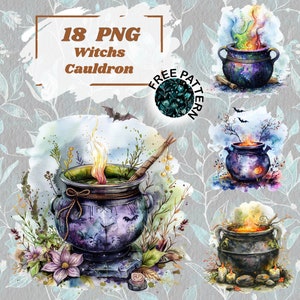 Witch&#39;s Cauldron Watercolor Clipart, Wiccan png, Magical clipart, Witchcraft Bundle PNG, Mystical clipart, Celestial witch, Pagan PNG 1242