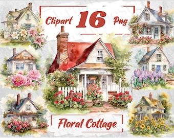 Floral Cottage Watercolor Clipart Cottagecore Clipart Floral Bundle Vintage Cottagecore Bundle Cozy Country Houses Bundle PNG Summer 70