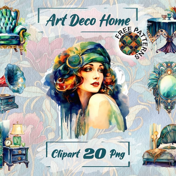 Watercolour Art Deco House Retro Clipart Art Nouveau Clipart The 1920s Clipart Vintage Clipart Free Commercial Use, Scrapbooking 313