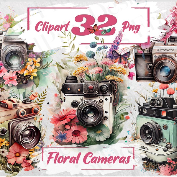 Watercolor Retro Cameras Clipart Vintage Floral Shabby Cameras PNG Vintage Clipart Retro Clip Art Free Commercial Use Photo Camera 28