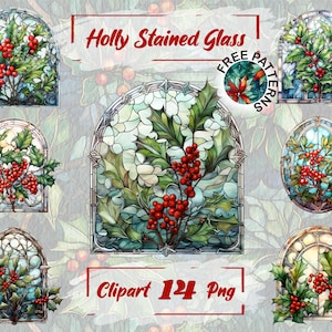 Holly-gebrandschilderd glas, aquarel glas-in-lood kerst, transparante kerstafbeeldingen, Holly-illustraties, gratis commercieel gebruik, kaarten maken 596