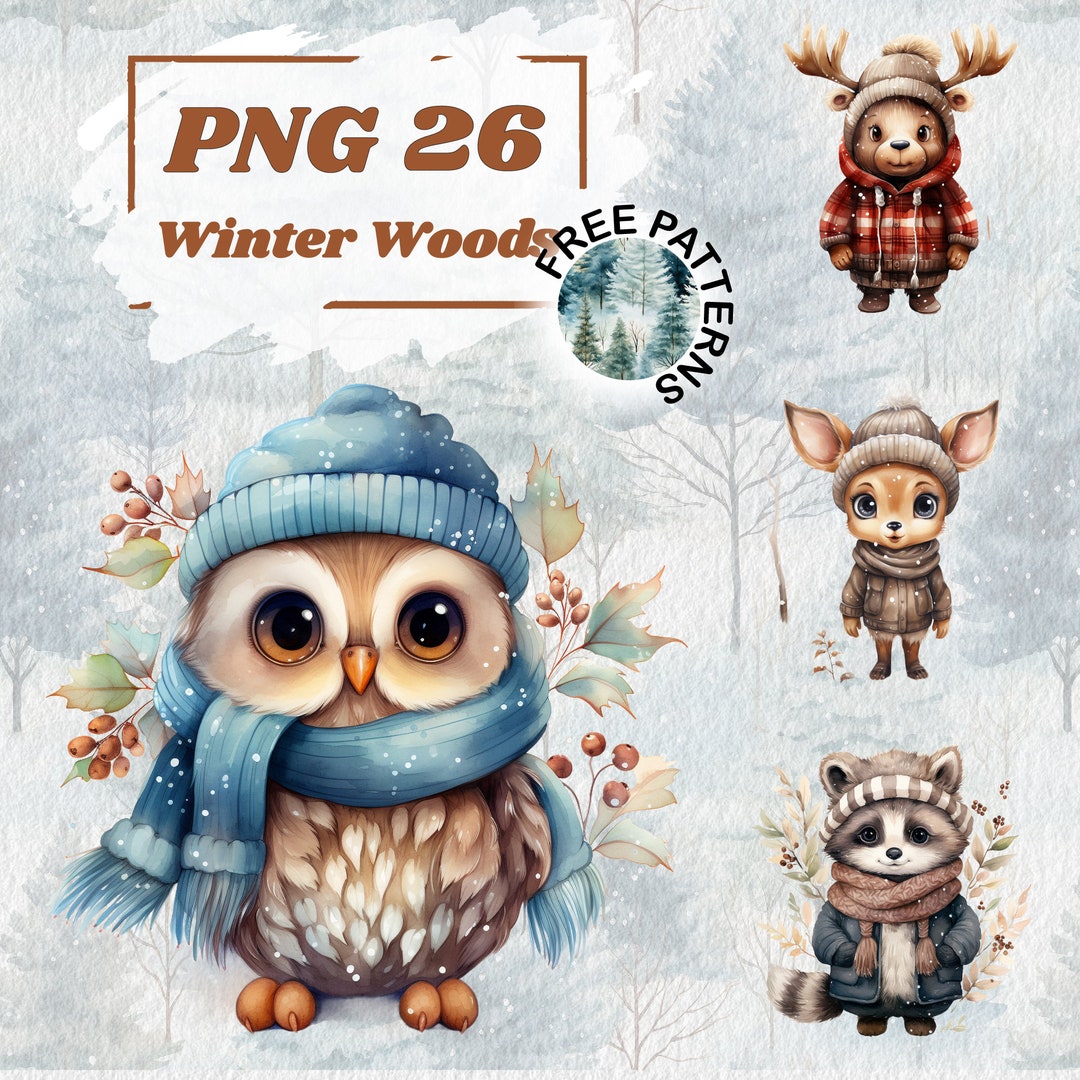 Winter Woodland Animals Clipart, Winter Woods PNG, Cute Winter Animals ...