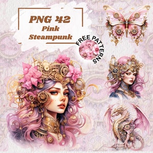 Clipart Steampunk rosa, clipart Steampunk PNG, diario spazzatura, album dei ritagli, stile Steampunk, immagini fantasy, pacchetto clipart, download digitale 938