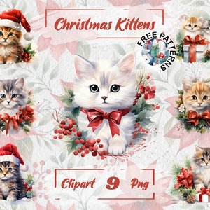 Clipart di gattini di Natale, gatti carini dell'acquerello, grafica natalizia trasparente, nastro di Natale PNG, uso commerciale gratuito, creazione di cartoline 579