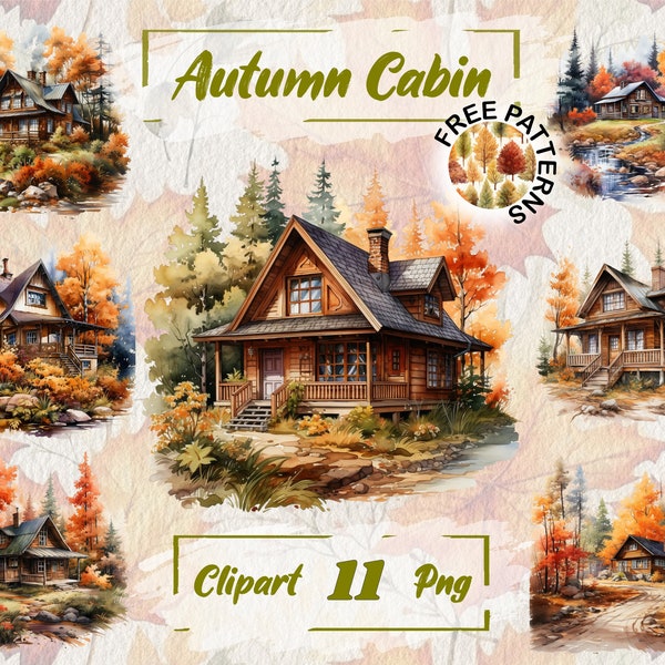 Watercolor Fall Cabin Clipart Autumn Cabin Clipart Autumn Leaves PNG Fall Forest Clipart Cabin PNG Free Commercial Use, Scrapbook 402