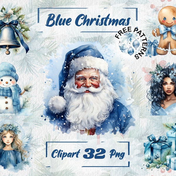 Blue Christmas Clipart, Watercolor Christmas Graphics, Christmas Decor, Transparent Xmas, Free Commercial Use, Card Making, Scrapbooking 584